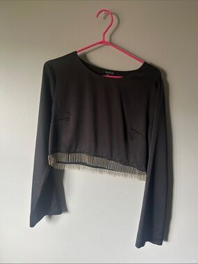 Dynamite Black Crop Top with Silver Rhinestone Fringe